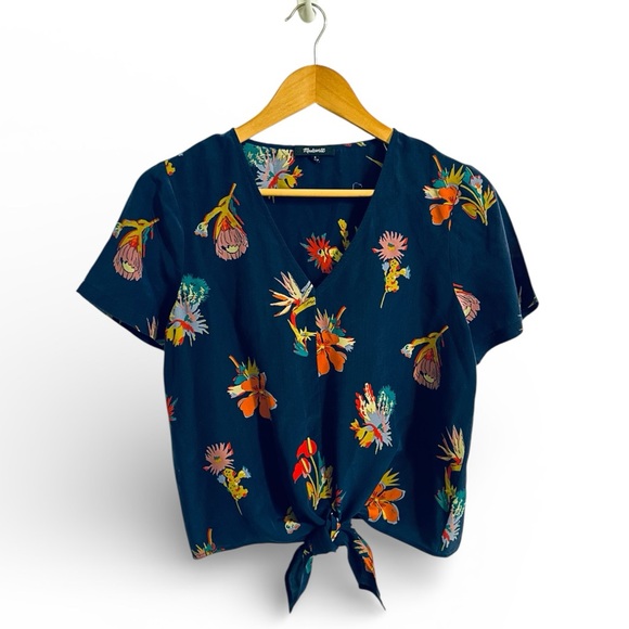 Madewell 100% Silk Tropical Floral Tie-Front Blouse Size Small - Picture 4 of 8